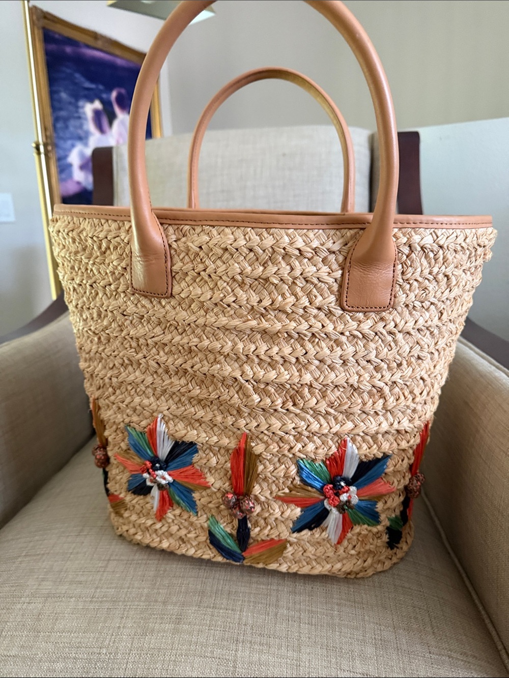 Tory Burch Straw Tote with Tan Leather Trim and Multicolor Floral Tassels - Picture 2 of 5